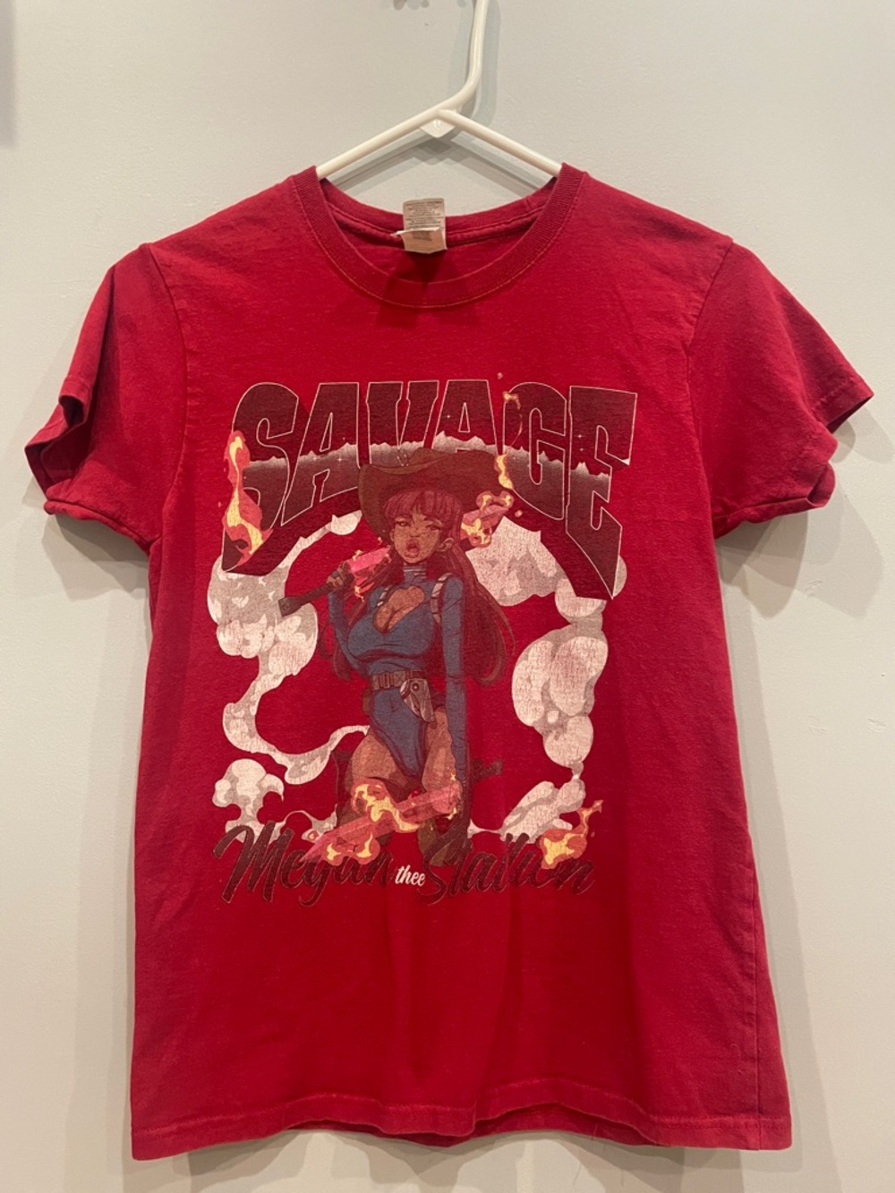 Red Graphic Tee with Blue & White Cowgirl Illustration Megan thee  stallion